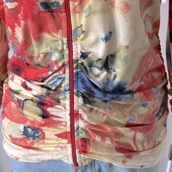 Joseph Ribkoff Ruched Watercolor Zip Top - Picture 5 of 13